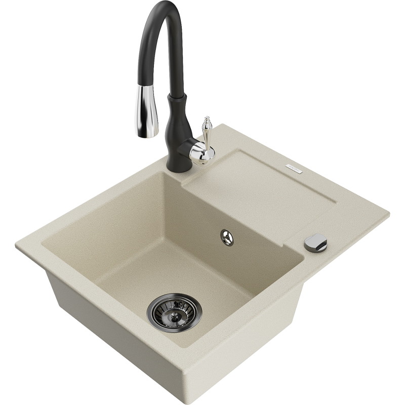 Mexen Enzo Granitspüle 1-Fach mit Abtropffläche und Küchenarmatur Savita, beige - 6506-69-672601-70