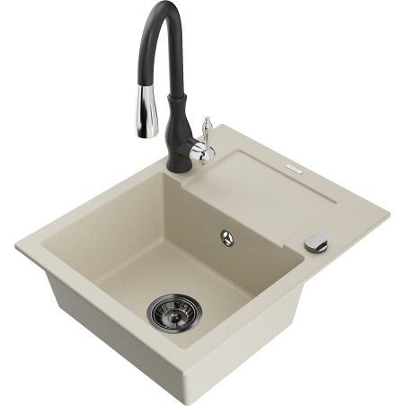 Mexen Enzo Granitspüle 1-Becken mit Abtropffläche und Küchenarmatur Savita, beige - 6506-69-672601-70