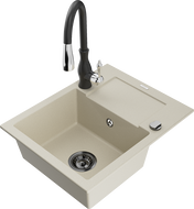 Mexen Enzo Granitspüle 1-Becken mit Abtropffläche und Küchenarmatur Savita, beige - 6506-69-672601-70