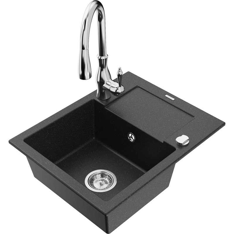 Mexen Enzo Granitspüle 1-Becken mit Abtropffläche und Küchenarmatur Savita, schwarz/silber metallic - 6506-73-672601-00