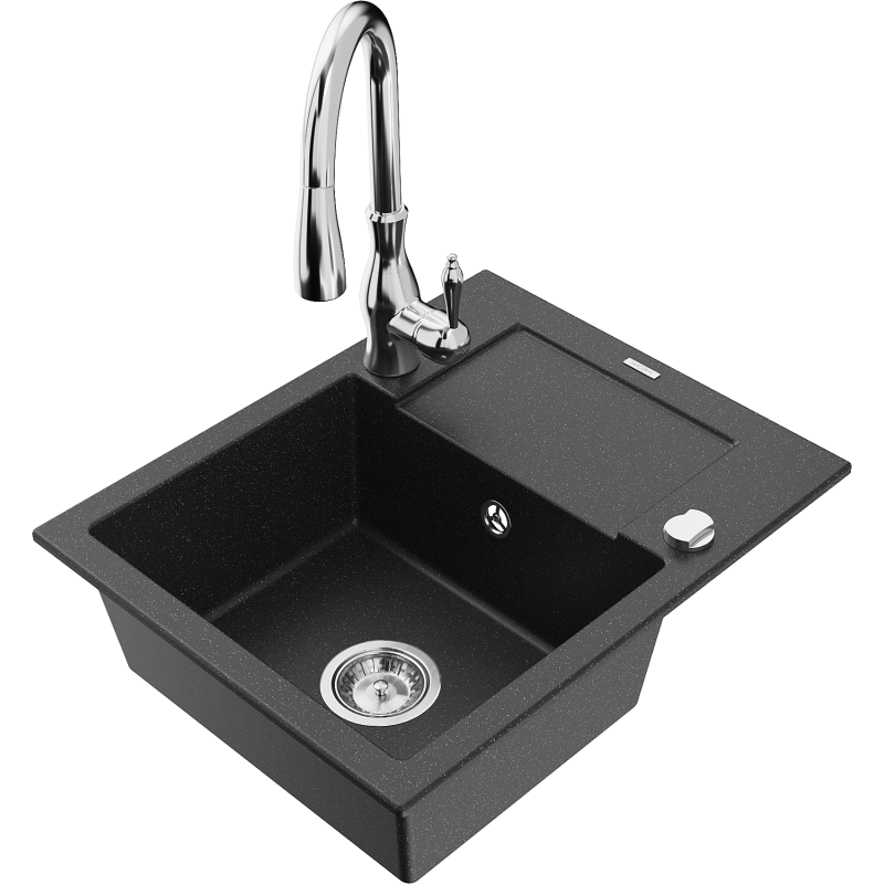 Mexen Enzo Granitspüle 1-beckig mit Abtropffläche und Küchenarmatur Savita, schwarz/silber Metallic - 6506-73-672601-00