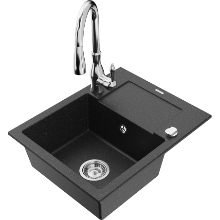 Mexen Enzo Granitspüle 1-Becken mit Abtropffläche und Küchenarmatur Savita, schwarz/silber metallic - 6506-73-672601-00