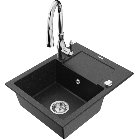 Mexen Enzo Granitspüle 1-beckig mit Abtropffläche und Küchenarmatur Savita, schwarz/silber Metallic - 6506-73-672601-00