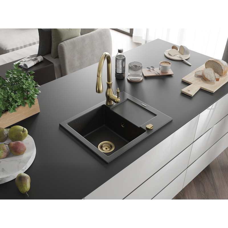 Mexen Enzo Granitspüle 1-beckig mit Abtropffläche und Küchenarmatur Savita, schwarz/silber metallic - 6506-73-672601-50