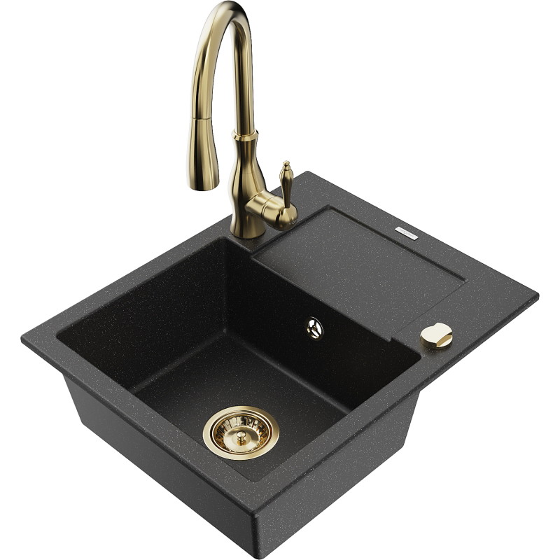 Mexen Enzo Granitspüle 1-Becken mit Abtropffläche und Küchenarmatur Savita, schwarz/silber metallic - 6506-73-672601-50