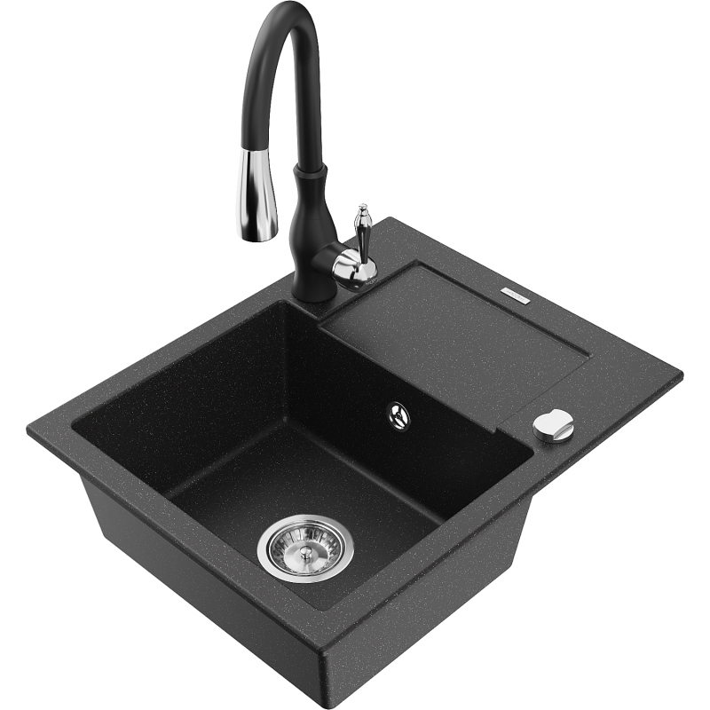 Mexen Enzo Granitspüle 1-Becken mit Abtropffläche und Küchenarmatur Savita, schwarz/silber-metallic - 6506-73-672601-70
