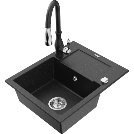 Mexen Enzo Granitspüle 1-Becken mit Abtropffläche und Küchenarmatur Savita, schwarz/silber-metallic - 6506-73-672601-70