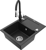 Mexen Enzo Granitspüle 1-Becken mit Abtropffläche und Küchenarmatur Savita, schwarz/silber-metallic - 6506-73-672601-70