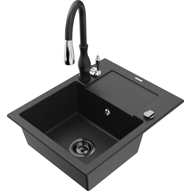 Mexen Enzo Granit-Spülbecken 1-Kammer mit Abtropffläche und Küchenarmatur Savita, schwarz/silber Metallic - 6506-73-672601-70-B