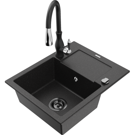 Mexen Enzo Granit-Spülbecken 1-Kammer mit Abtropffläche und Küchenarmatur Savita, schwarz/silber Metallic - 6506-73-672601-70-B