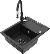 Mexen Enzo Granitspüle 1-Becken mit Abtropffläche und Küchenarmatur Savita, schwarz/silber Metallic - 6506-73-672601-70-B