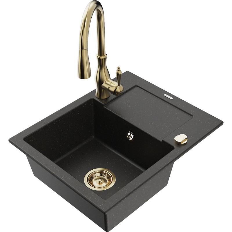 Mexen Enzo Granitspüle 1-Becken mit Abtropffläche und Küchenarmatur Savita, schwarz/gold metallic - 6506-75-672601-50