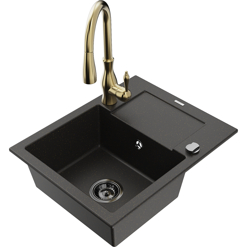 Mexen Enzo Granitspüle 1-Becken mit Abtropffläche und Küchenarmatur Savita, schwarz/gold metallic - 6506-75-672601-50-B