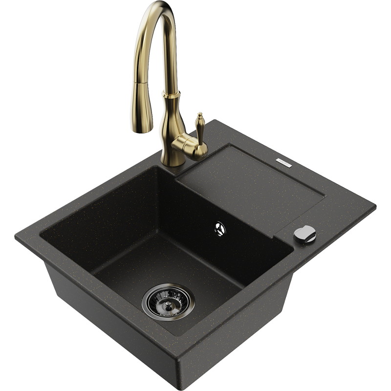 Mexen Enzo Granitspüle 1-beckig mit Abtropffläche und Küchenarmatur Savita, schwarz/gold metallic - 6506-75-672601-50-B