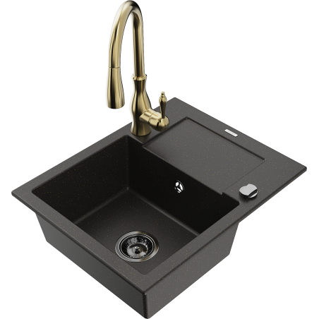 Mexen Enzo Granitspüle 1-Becken mit Abtropffläche und Küchenarmatur Savita, schwarz/gold metallic - 6506-75-672601-50-B