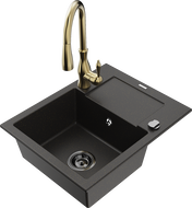 Mexen Enzo Granitspüle 1-Becken mit Abtropffläche und Küchenarmatur Savita, schwarz/gold metallic - 6506-75-672601-50-B