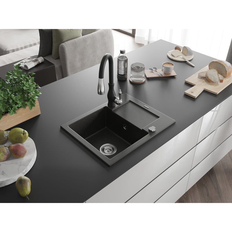 Mexen Enzo Granitspüle 1-becken mit Abtropffläche und Küchenarmatur Savita, schwarz/gold metallic - 6506-75-672601-70