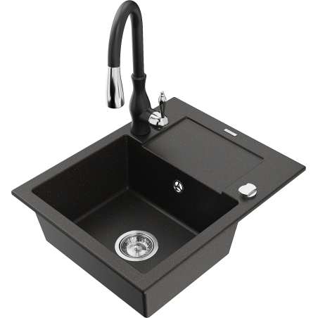 Mexen Enzo Granitspüle 1-Becken mit Abtropffläche und Küchenarmatur Savita, schwarz/goldenes Metallic - 6506-75-672601-70