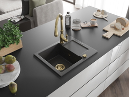 Mexen Enzo 1-Bowl Granitspüle mit Abtropffläche und Küchenarmatur Savita, schwarz gesprenkelt - 6506-76-672601-50