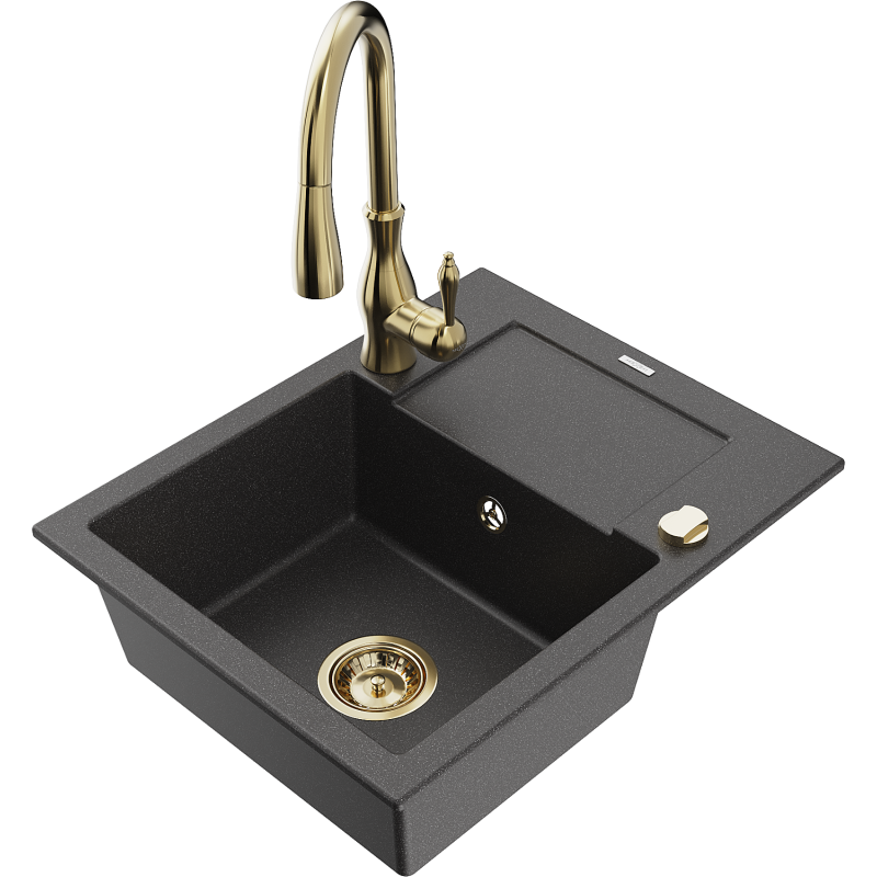 Mexen Enzo 1-Bowl Granitspüle mit Abtropffläche und Küchenarmatur Savita, schwarz gesprenkelt - 6506-76-672601-50