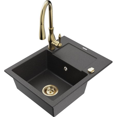 Mexen Enzo 1-Bowl Granitspüle mit Abtropffläche und Küchenarmatur Savita, schwarz gesprenkelt - 6506-76-672601-50