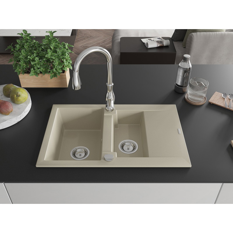 Mexen Gaspar Granitspüle 1,5 Becken mit Abtropffläche und Küchenarmatur Savita, beige - 6507-69-672601-00