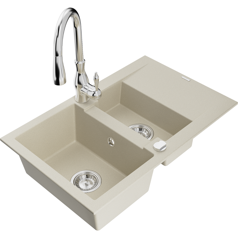 Mexen Gaspar Granitspüle 1,5 Becken mit Abtropffläche und Küchenarmatur Savita, beige - 6507-69-672601-00
