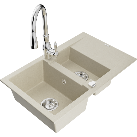 Mexen Gaspar Granitspüle 1,5 Becken mit Abtropffläche und Küchenarmatur Savita, beige - 6507-69-672601-00