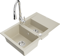 Mexen Gaspar Granitspüle 1,5 Becken mit Abtropffläche und Küchenarmatur Savita, beige - 6507-69-672601-00
