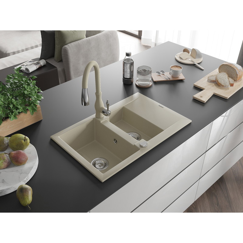 Mexen Gaspar Granitspüle 1,5-Becken mit Abtropffläche und Küchenarmatur Savita, beige - 6507-69-672601-69