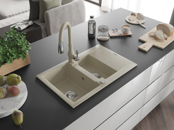 Mexen Gaspar Granitspüle 1,5-Becken mit Abtropffläche und Küchenarmatur Savita, beige - 6507-69-672601-69