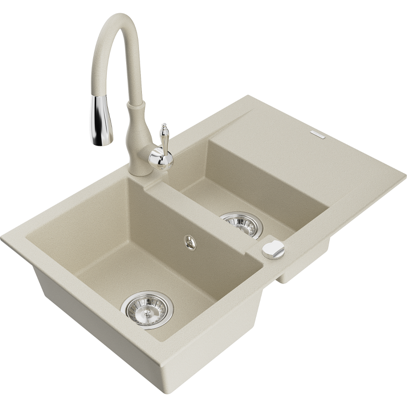Mexen Gaspar Granitspüle 1,5-Becken mit Abtropffläche und Küchenarmatur Savita, beige - 6507-69-672601-69