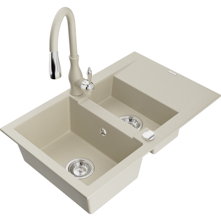 Mexen Gaspar Granitspüle 1,5-Becken mit Abtropffläche und Küchenarmatur Savita, beige - 6507-69-672601-69