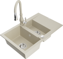 Mexen Gaspar Granitspüle 1,5-Becken mit Abtropffläche und Küchenarmatur Savita, beige - 6507-69-672601-69