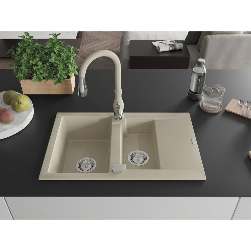 Mexen Gaspar Granitspüle 1,5-Becken mit Abtropffläche und Küchenarmatur Savita, beige - 6507-69-672601-69