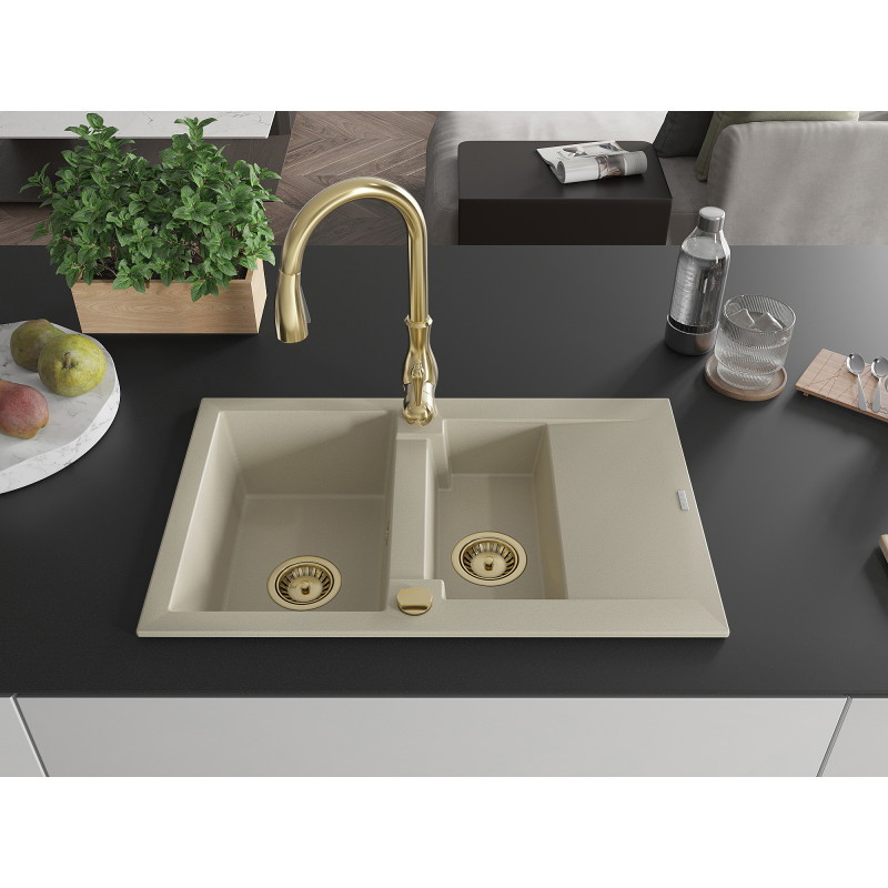 Mexen Gaspar Granitspüle 1,5-Becken mit Abtropffläche und Küchenarmatur Savita, beige - 6507-69-672601-50