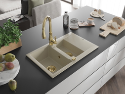Mexen Gaspar Granitspüle 1,5-Becken mit Abtropffläche und Küchenarmatur Savita, beige - 6507-69-672601-50