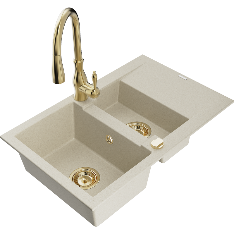 Mexen Gaspar Granitspüle 1,5-Becken mit Abtropffläche und Küchenarmatur Savita, beige - 6507-69-672601-50