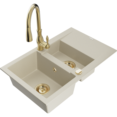 Mexen Gaspar Granitspüle 1,5-Becken mit Abtropffläche und Küchenarmatur Savita, beige - 6507-69-672601-50