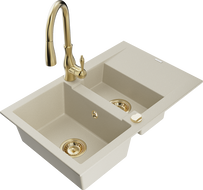 Mexen Gaspar Granitspüle 1,5-Becken mit Abtropffläche und Küchenarmatur Savita, beige - 6507-69-672601-50