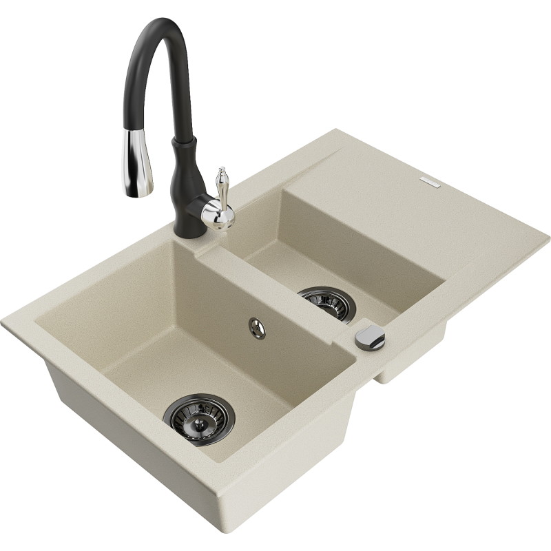 Mexen Gaspar Granitspüle 1,5-Becken mit Abtropffläche und Küchenarmatur Savita, beige - 6507-69-672601-70