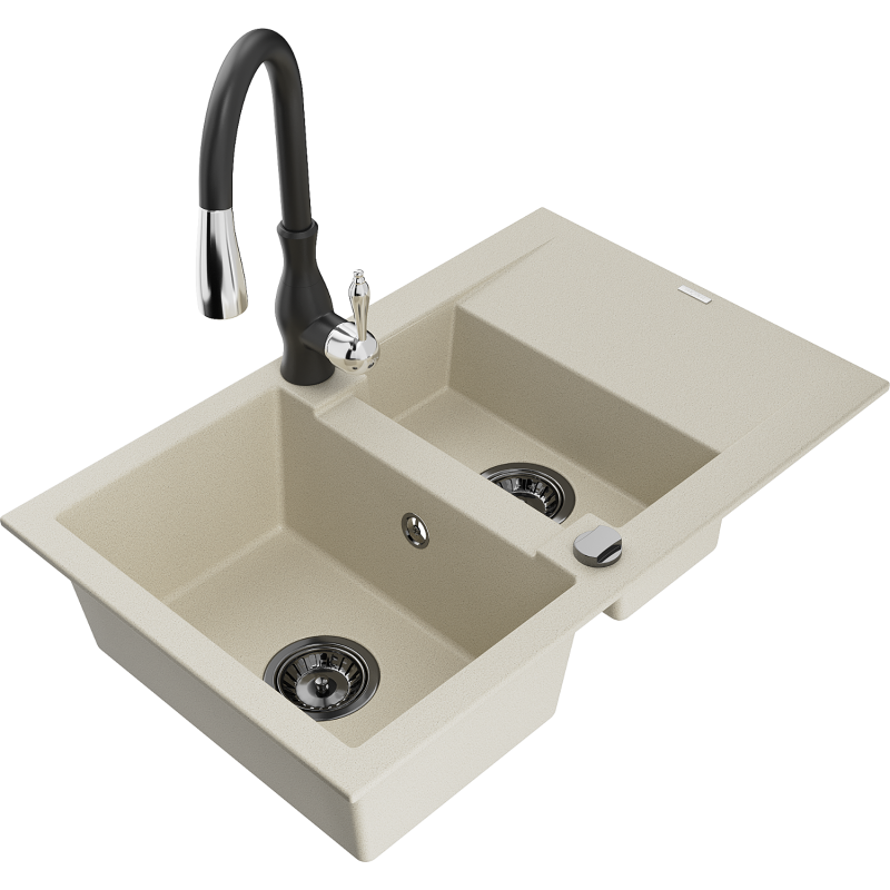 Mexen Gaspar Granitspüle 1,5-Schalen mit Abtropffläche und Küchenarmatur Savita, beige - 6507-69-672601-70