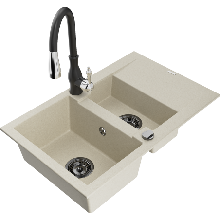 Mexen Gaspar Granitspüle 1,5-Schalen mit Abtropffläche und Küchenarmatur Savita, beige - 6507-69-672601-70