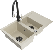 Mexen Gaspar Granitspüle 1,5-Schalen mit Abtropffläche und Küchenarmatur Savita, beige - 6507-69-672601-70