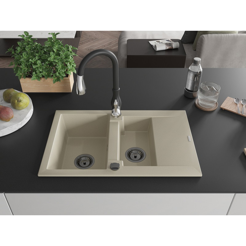 Mexen Gaspar Granitspüle 1,5-Becken mit Abtropffläche und Küchenarmatur Savita, beige - 6507-69-672601-70