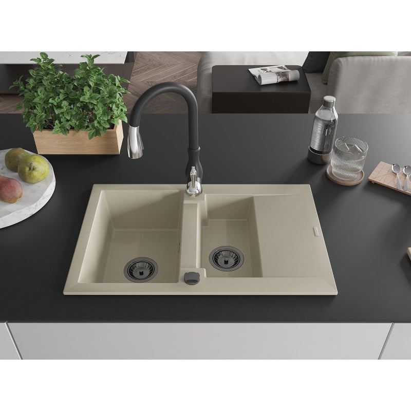 Mexen Gaspar Granitspüle 1,5-Schalen mit Abtropffläche und Küchenarmatur Savita, beige - 6507-69-672601-70