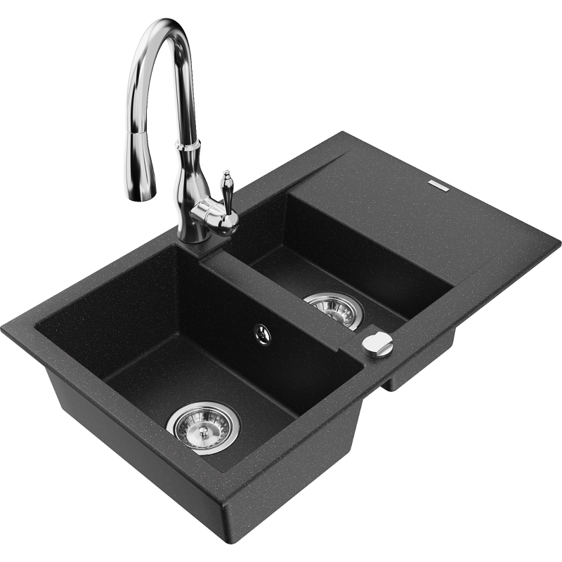Mexen Gaspar Granitspüle 1,5-Becken mit Abtropffläche und Küchenarmatur Savita, schwarz/silber - 6507-73-672601-00