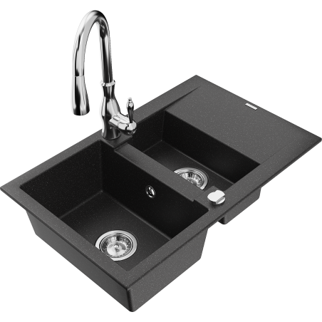 Mexen Gaspar Granitspüle 1,5-Becken mit Abtropffläche und Küchenarmatur Savita, schwarz/silber - 6507-73-672601-00
