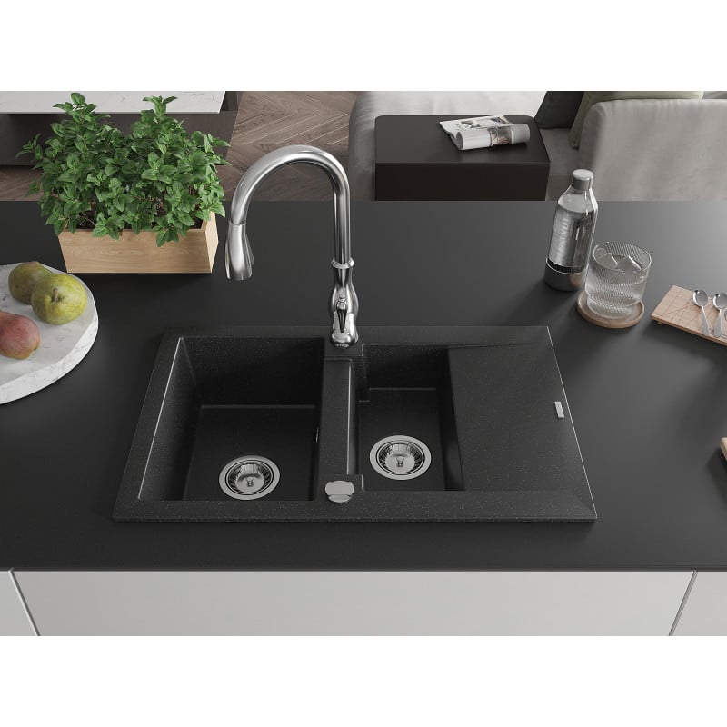 Mexen Gaspar Granitspüle 1,5-Becken mit Abtropffläche und Küchenarmatur Savita, schwarz/silber - 6507-73-672601-00