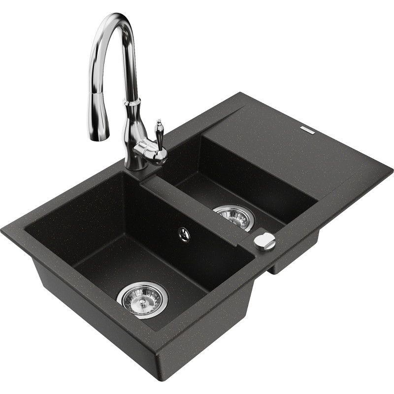 Mexen Gaspar Granit-Spüle 1,5-Becken mit Abtropffläche und Küchenarmatur Savita, schwarz/gold - 6507-75-672601-00